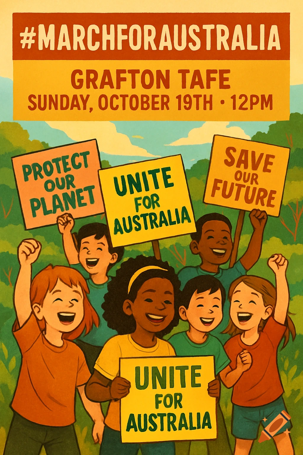Diverse children protest for March for Australia, holding signs like 'Protect Our Planet' and 'Unite For Australia' in a retro illustration style.