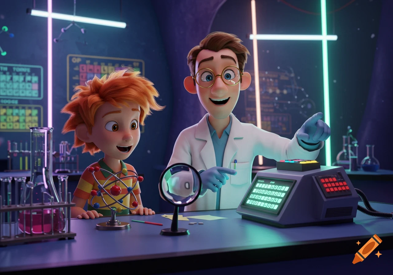 An animated boy watches a scientist point at a futuristic device in a colorful science lab with a magnifying glass and atom model.
