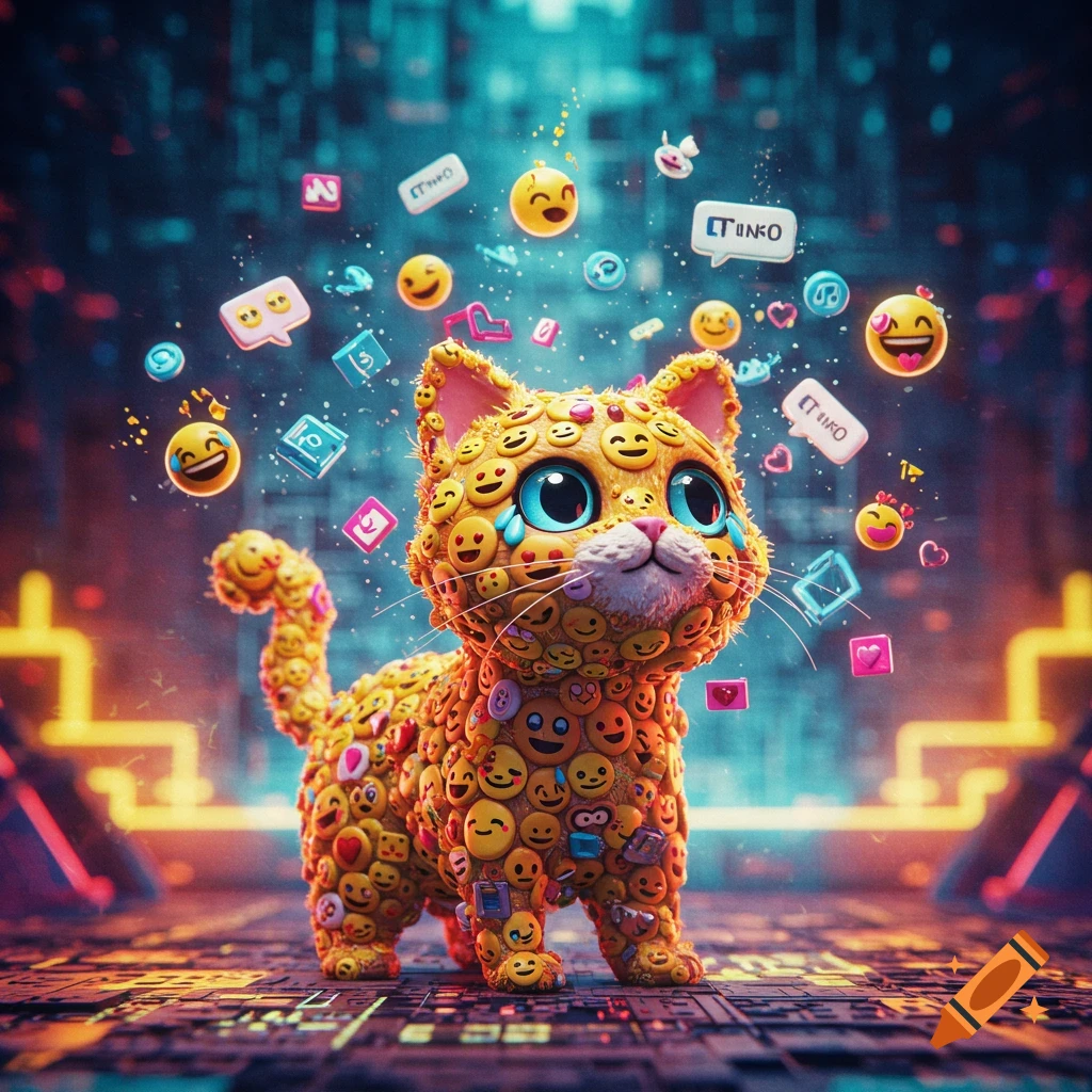 A cute, stylized cat made entirely of yellow emojis, with big blue eyes and tears, stands in a futuristic digital landscape with floating emoji icons.
