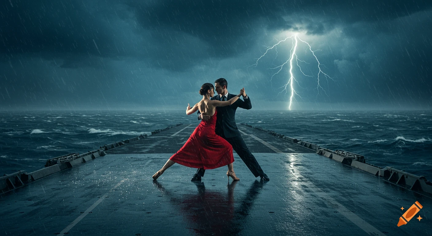 A couple dances tango on an aircraft carrier deck under a stormy sky with lightning and rain over the ocean.