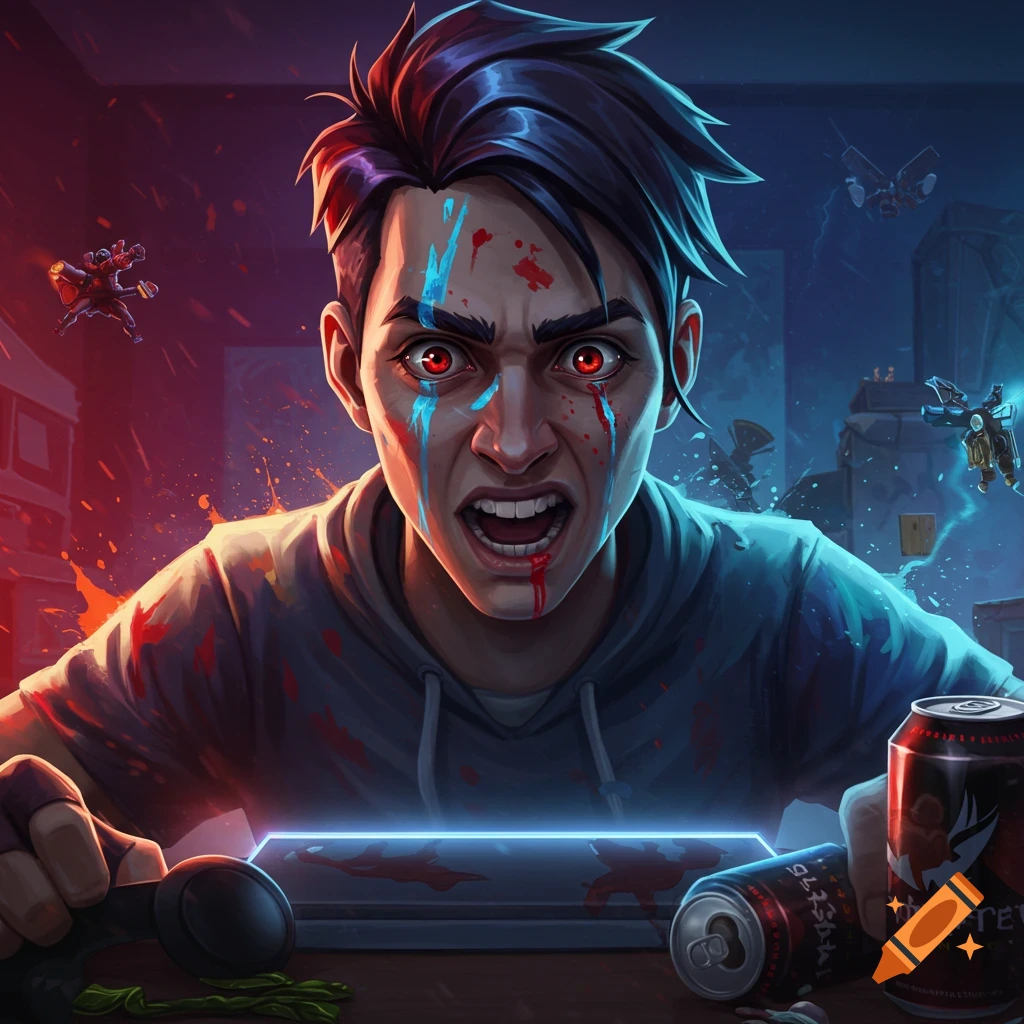 Stylized digital art of an enraged gamer with red eyes and blue/red paint on their face, holding a controller, with energy drink cans nearby.