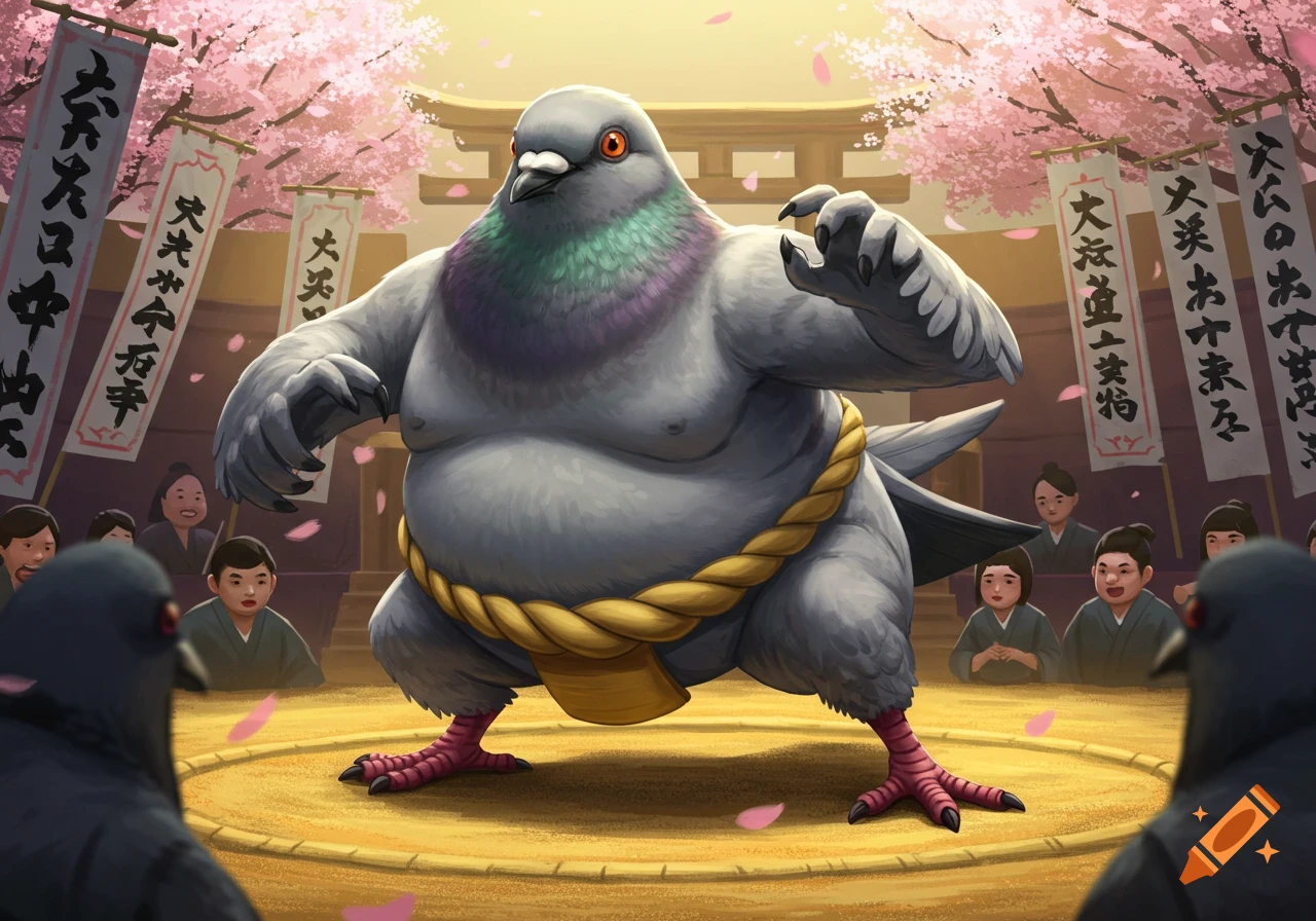 A muscular pigeon sumo wrestler in a yellow mawashi belt stands in a sumo ring with an audience and cherry blossoms.