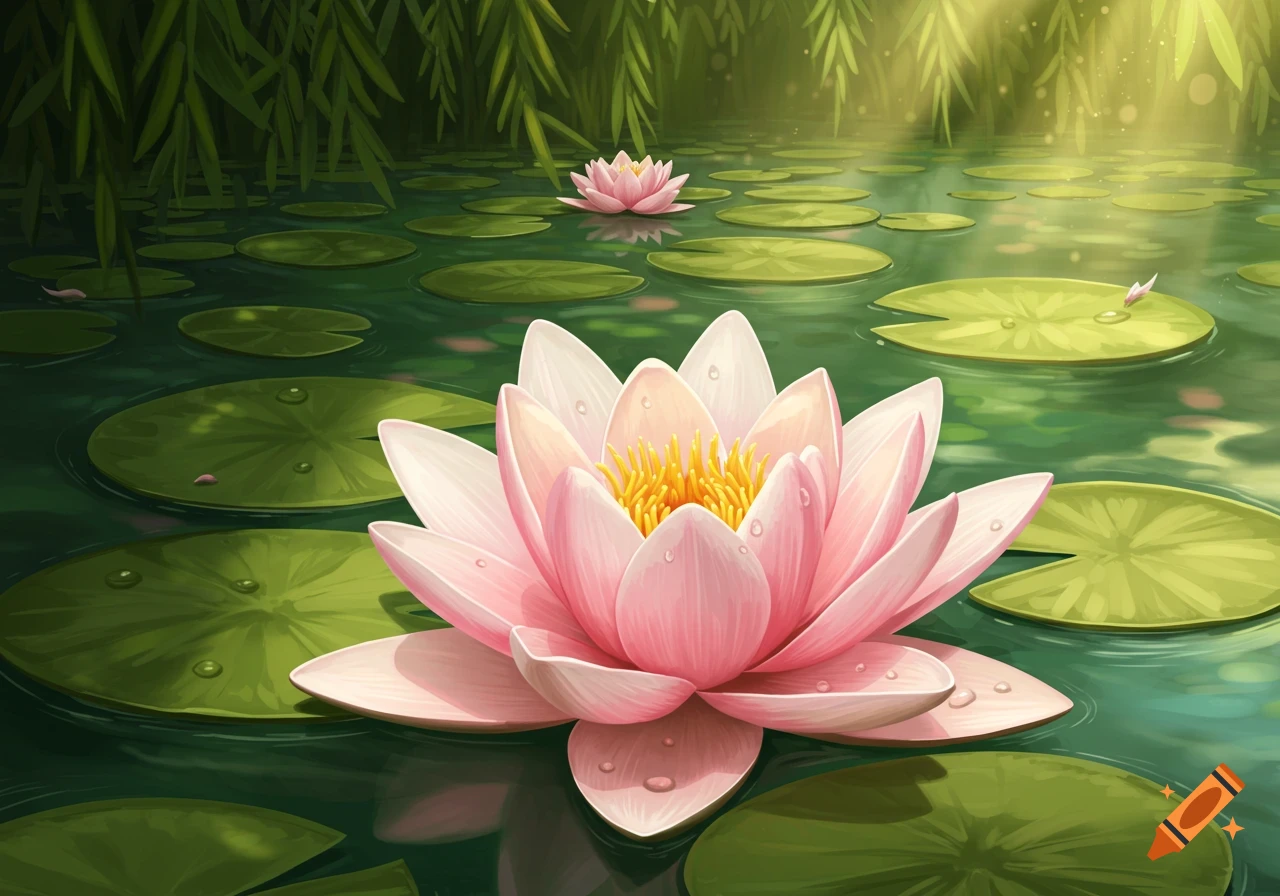 A beautiful pink water lily floats on a green pond with lily pads, surrounded by lush foliage and soft sunlight.