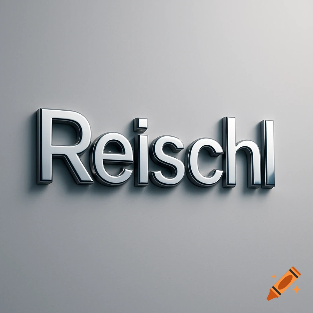 3D silver metallic text spelling 'Reischl' mounted on a light gray wall, with reflections and shadows.