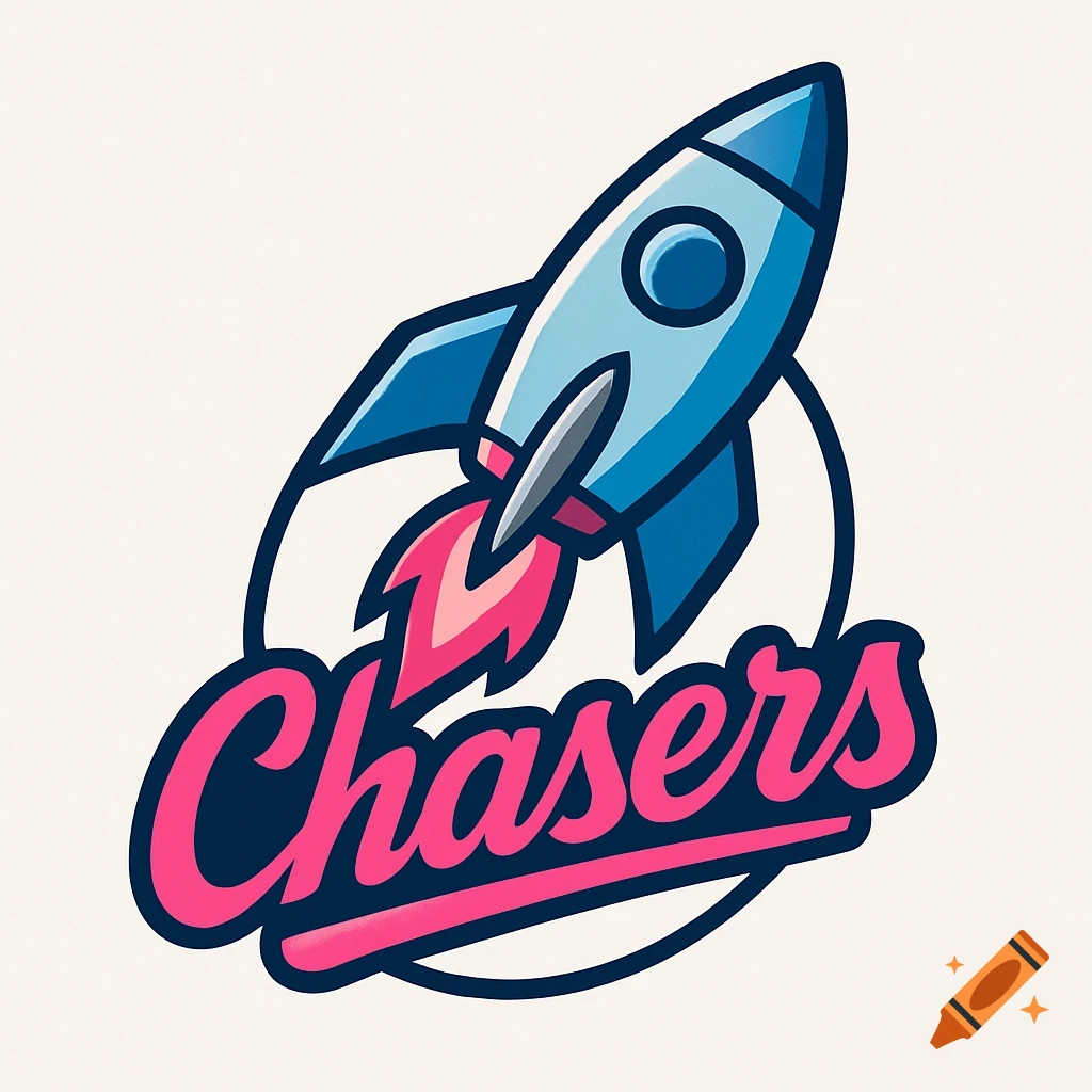 Vector art logo of a blue rocket with pink flames and the word 'Chasers'.