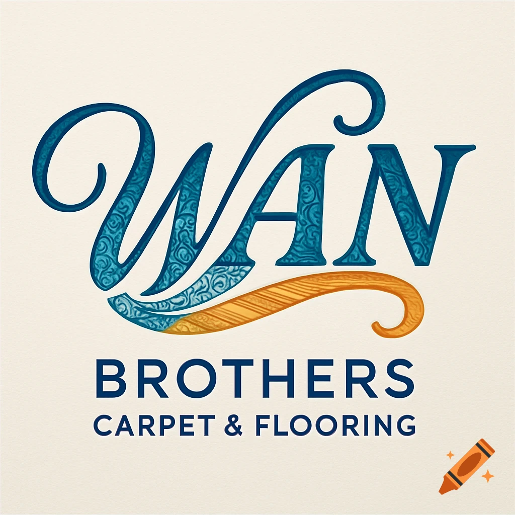 Elegant logo for WAN Brothers Carpet & Flooring. Blue cursive 'WAN' with patterns, orange swirl, and bold text below.
