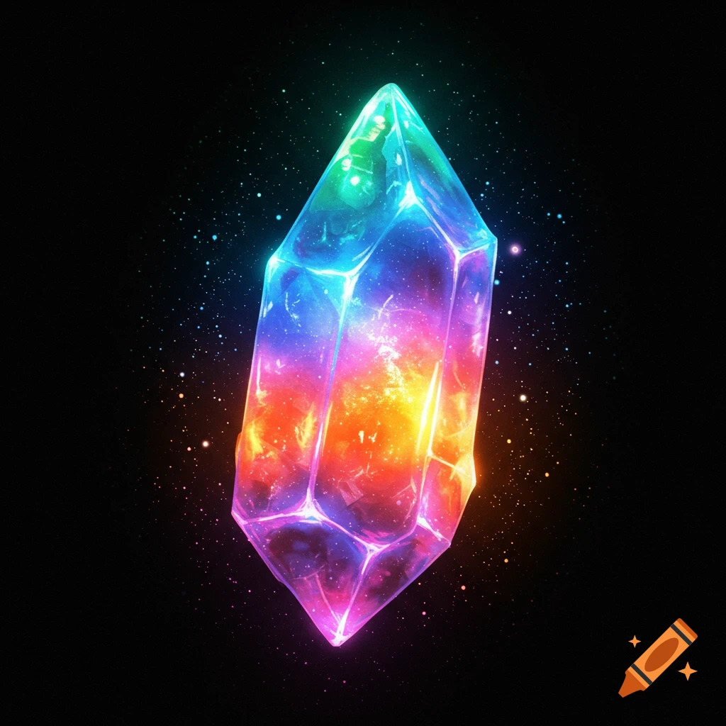 A vibrant, glowing rainbow-colored crystal against a black starry background.