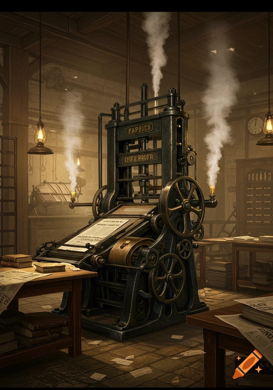 A photorealistic depiction of a vintage steam-powered printing press with paper and books in a dimly lit workshop.