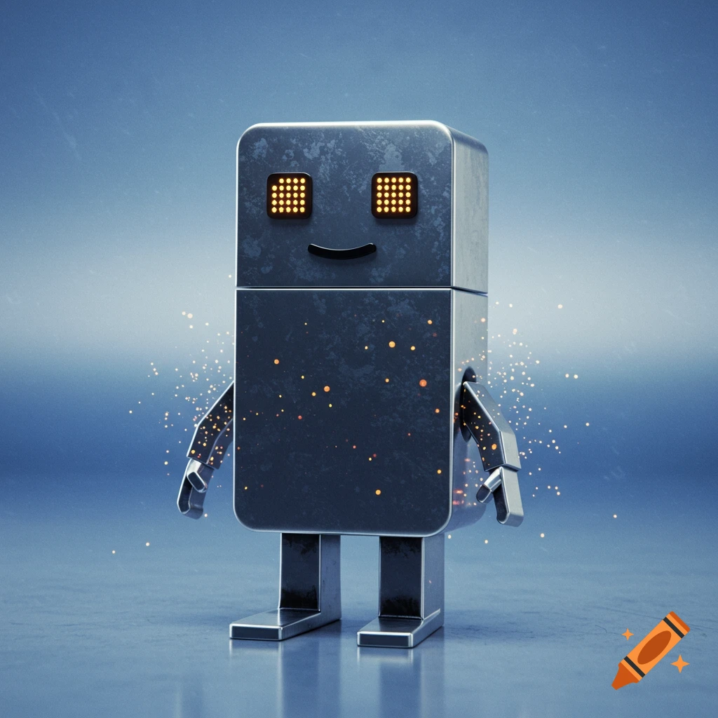 A metallic, block-like robot with glowing orange pixel eyes and a smile, on a reflective blue surface with luminous sparks.