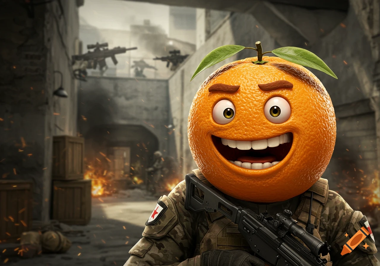 A smiling, anthropomorphic orange with big eyes and a wide grin, wearing military fatigues and holding a rifle, stands in a war-torn urban alleyway with blurry armed soldiers and explosions in the background.