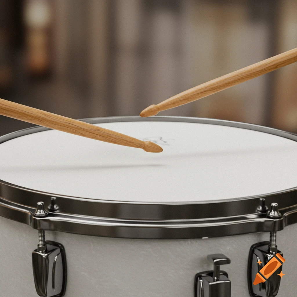 Two wooden toothpicks held over the white head of a snare drum, photorealistic.