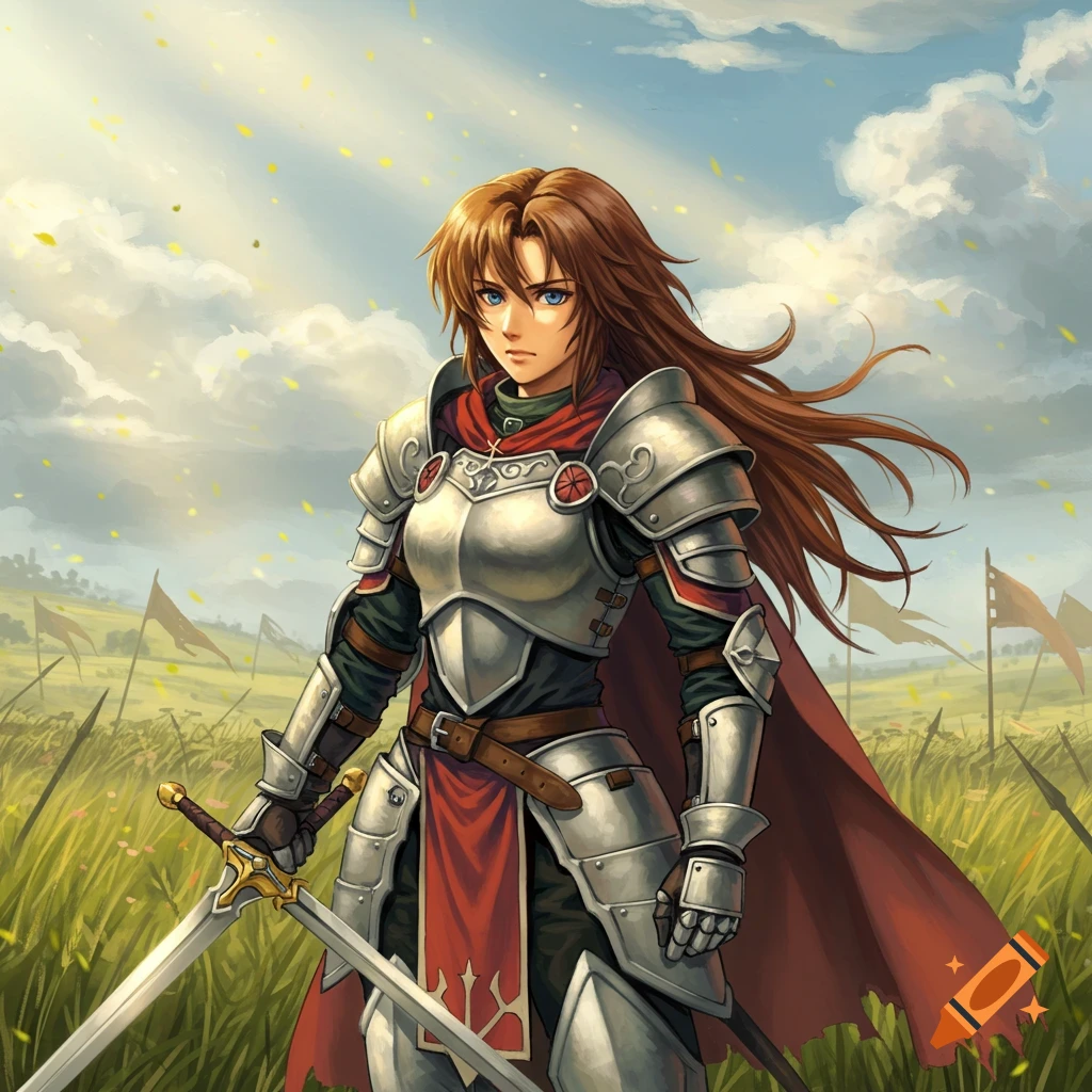 Anime-style female warrior with brown hair in silver armor and red cape, holding two swords, standing in a sunny grassy field.