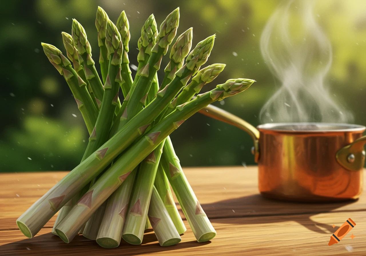 Fresh green asparagus stalks piled on a wooden surface next to a steaming copper pot, bathed in sunlight.