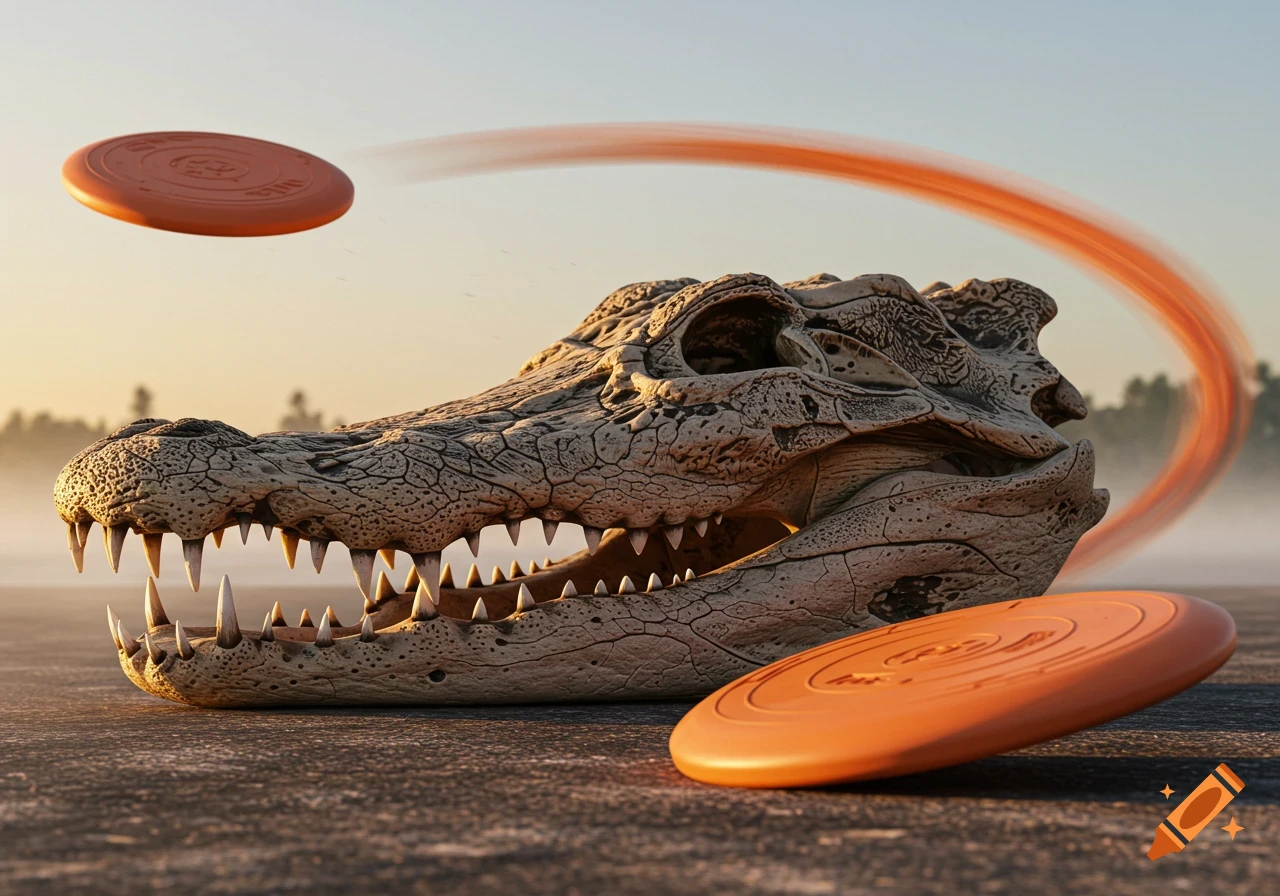 Photorealistic image of a gator skull on the ground with two orange frisbees, one in flight with motion blur, at sunset.