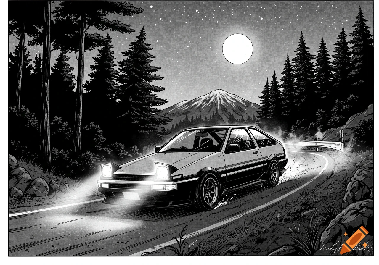 A black and white manga-style illustration of a Toyota AE86 drifting on a winding mountain road at night under a full moon.