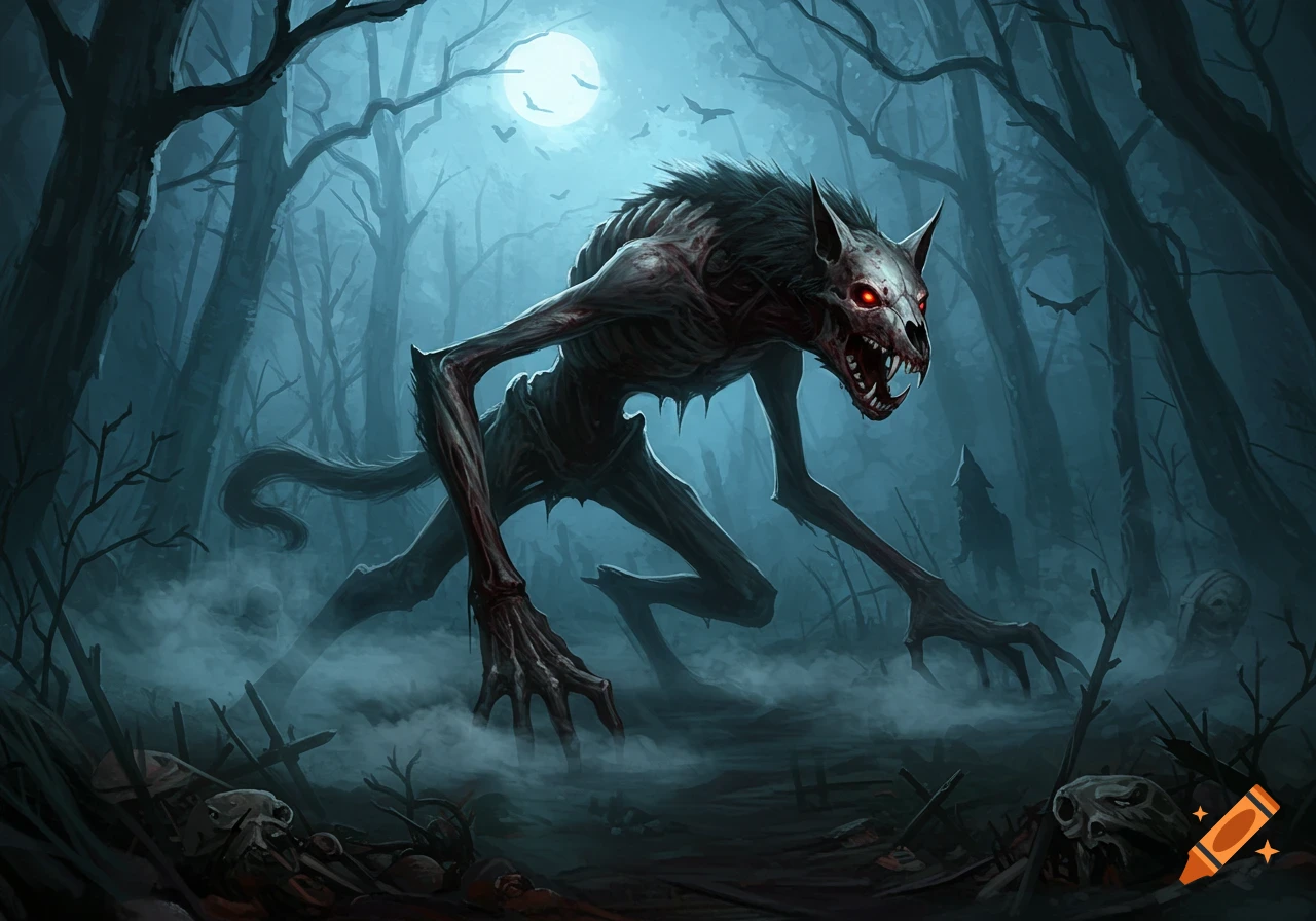 A skeletal, red-eyed werewolf monster lurks in a dark, foggy forest under a full moon, surrounded by bones. Dark fantasy art.