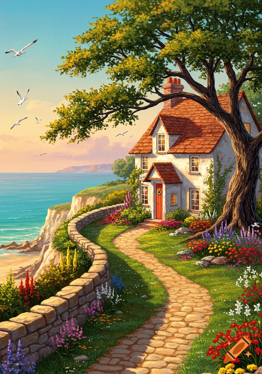 A charming cottage on a cliff overlooking the sea, surrounded by a colorful garden and winding path, with a large tree, in a painterly style.