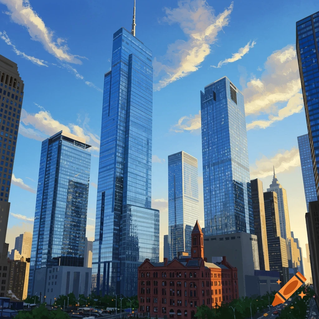View of several tall glass skyscrapers and a historic red brick building under a blue sky with clouds, looking up from street level.