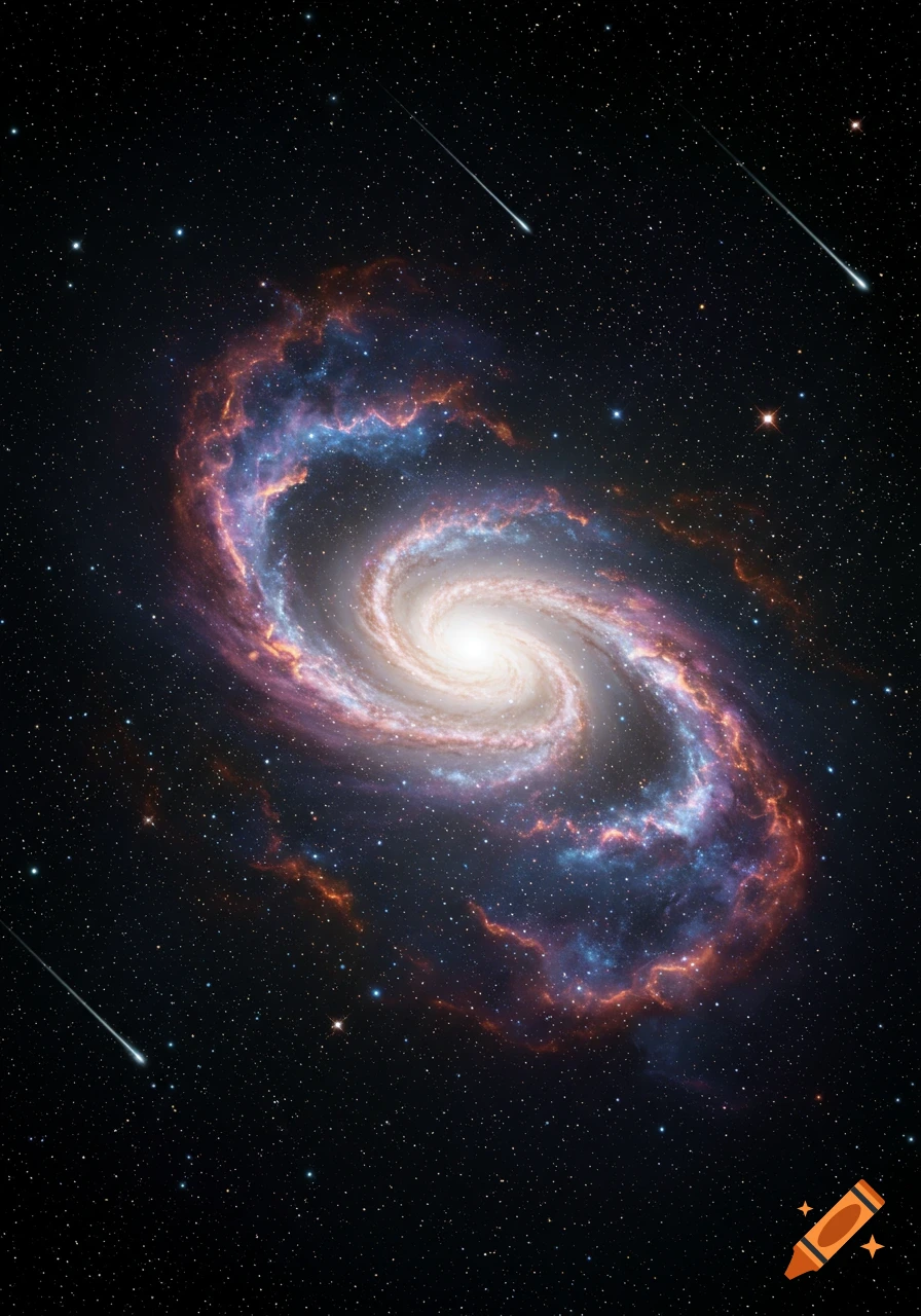 A vibrant spiral galaxy with colorful nebulae, stars, and shooting stars against a dark cosmic background.