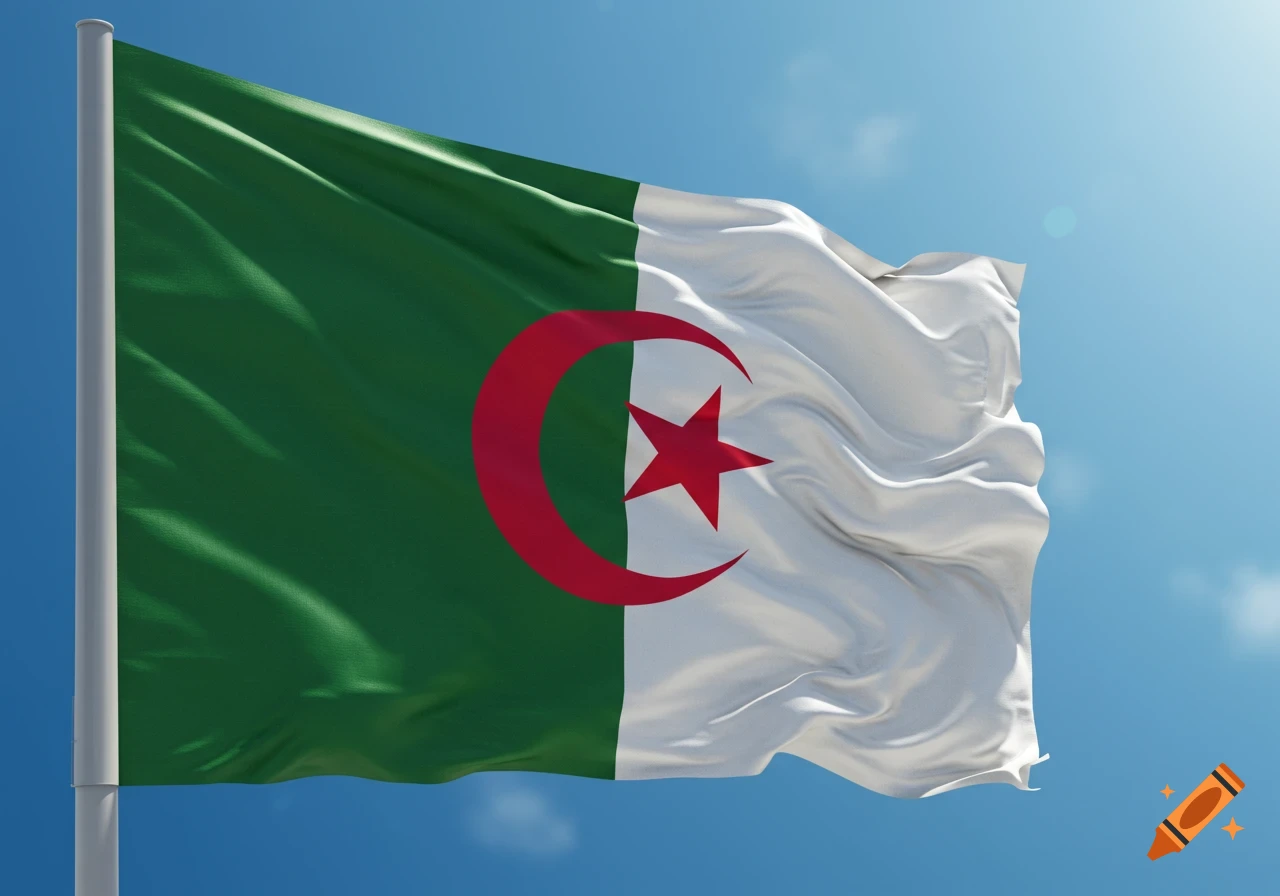 The national flag of Algeria, featuring green, white, a red crescent moon, and a red star, waves against a blue sky.