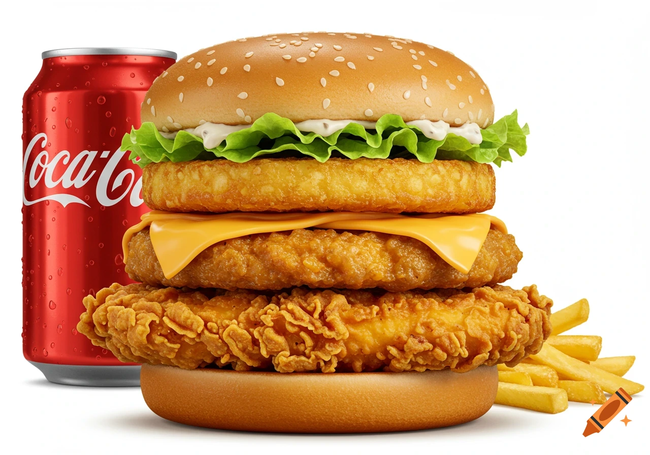 A photorealistic image of a tall chicken burger with cheese, hash brown, and lettuce, next to fries and a red Coca-Cola can on a white background.