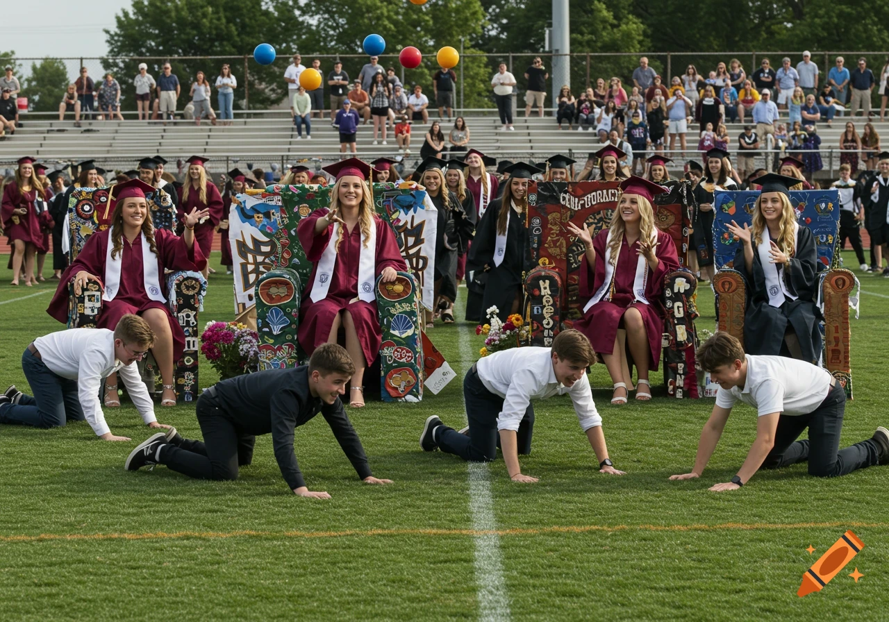 Female graduates sit on decorated thrones while male students crawl on a grassy sports field during a graduation prank, with spectators in the background.