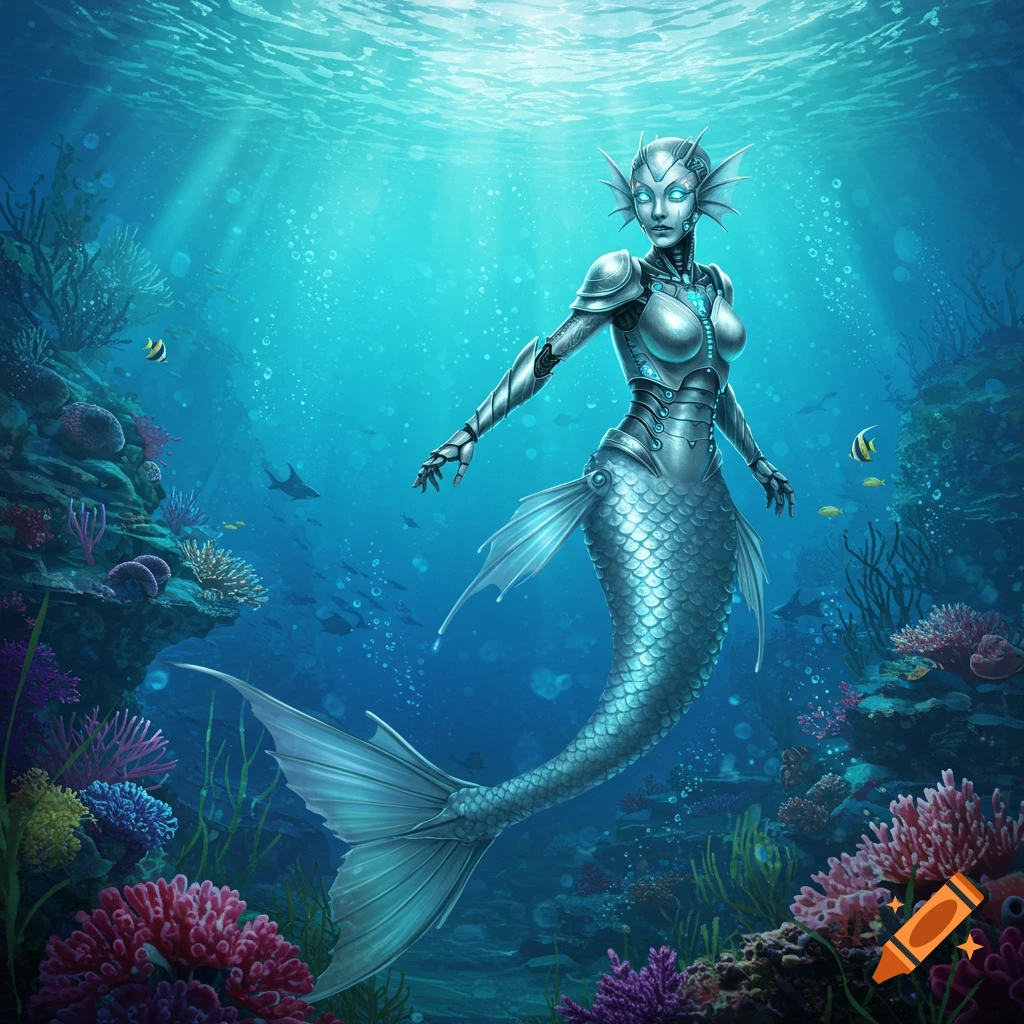 A detailed illustration of a metallic mermaid cyborg with glowing eyes, swimming in a vibrant coral reef.