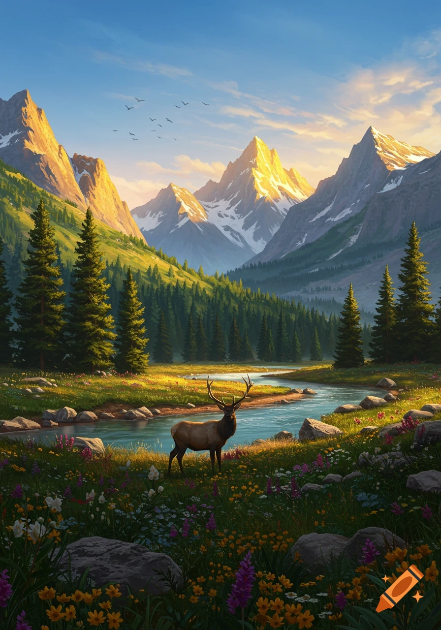 A vibrant, stylized painting of an elk standing by a river in a sunlit mountain valley filled with forests and wildflowers.