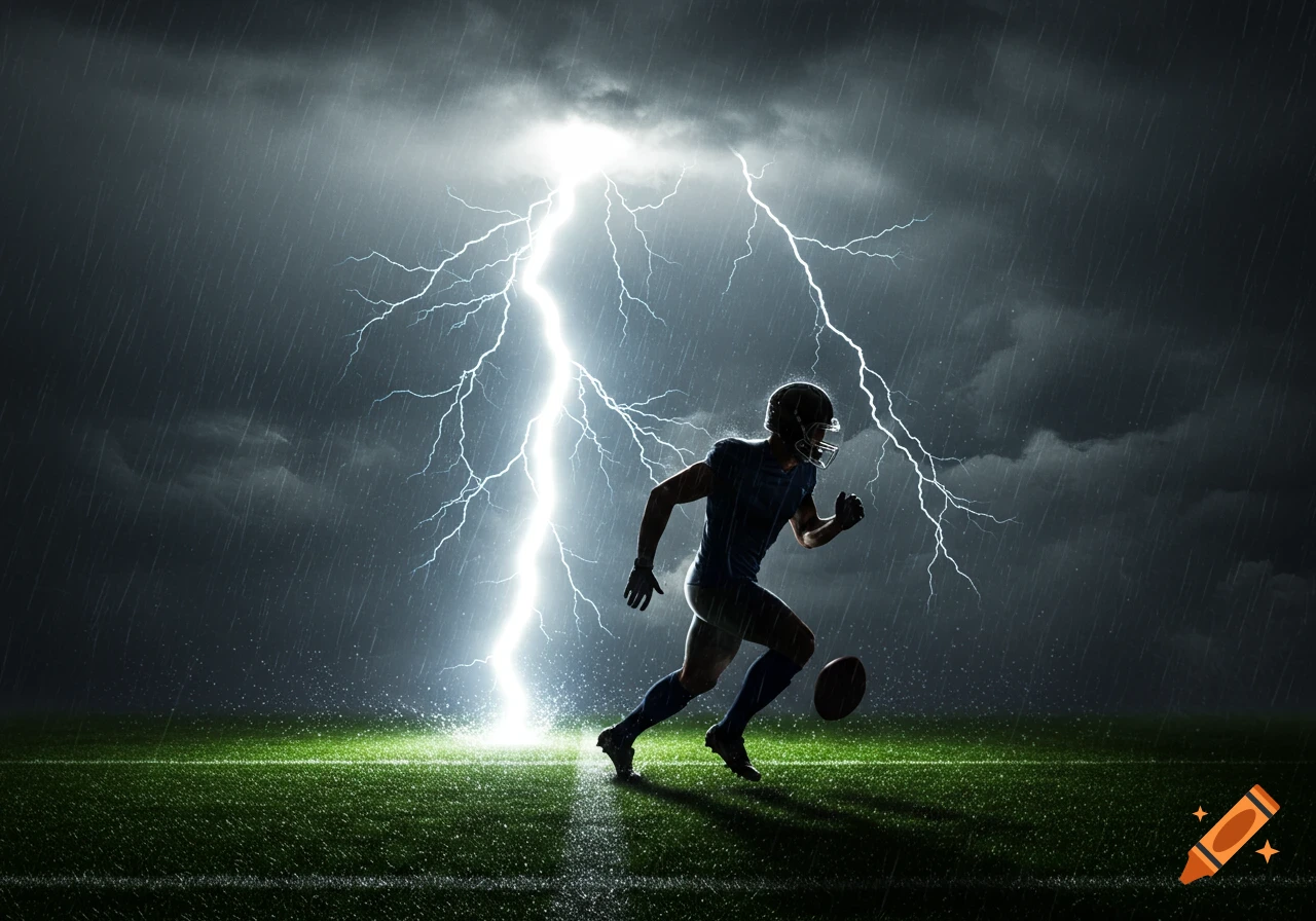 A football player runs in silhouette across a rain-soaked field as lightning dramatically strikes in the background.