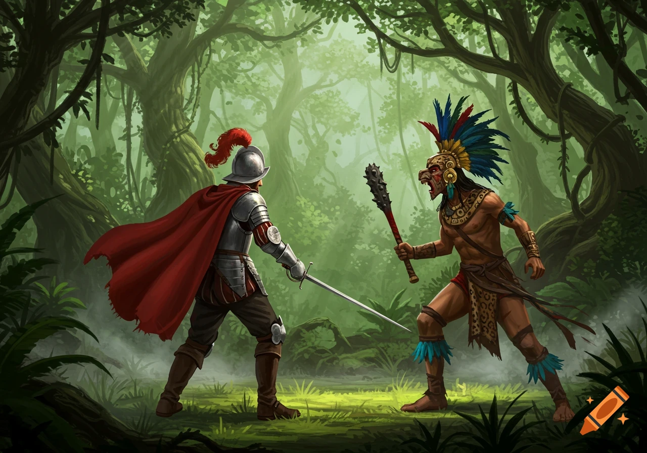 A Spanish conquistador in armor and a red cape faces an Aztec warrior with a feathered headdress and a spiked club in a lush jungle.