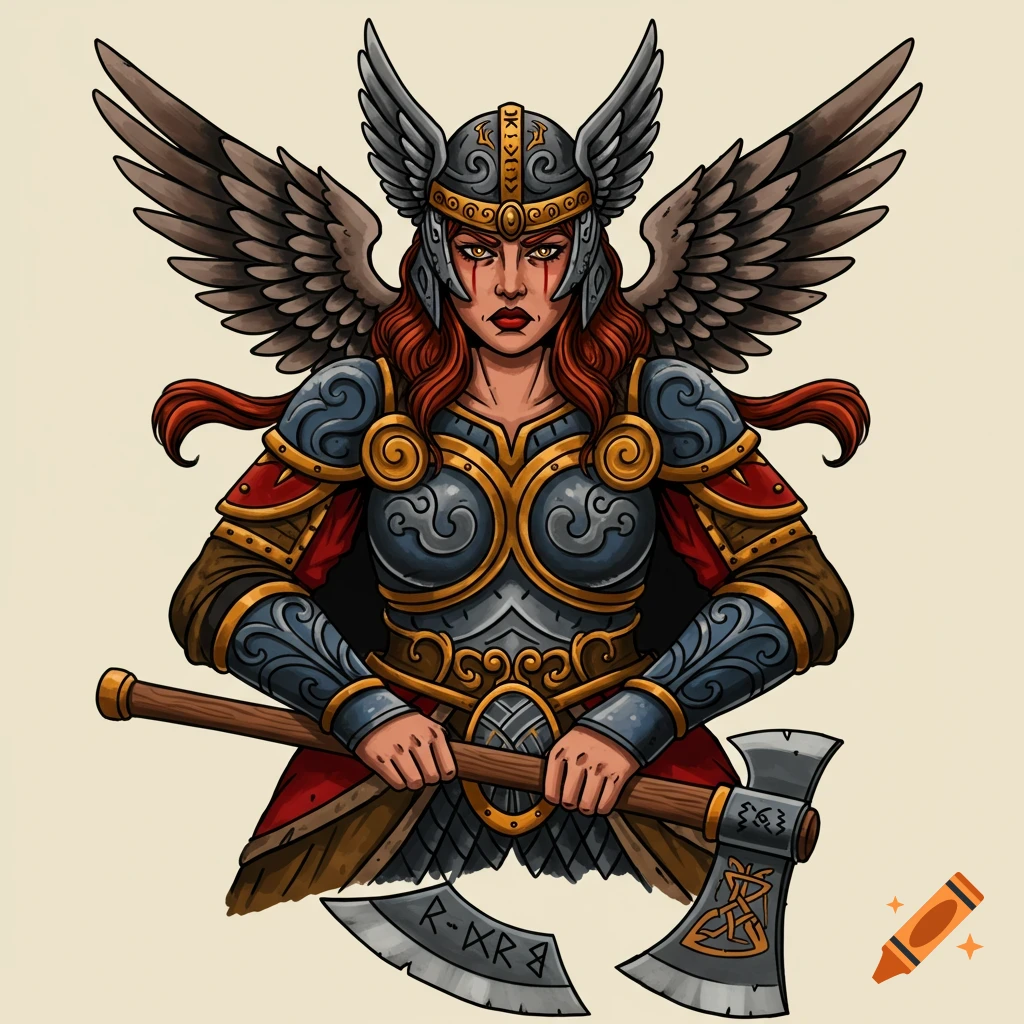 A winged Valkyrie warrior in a horned helmet and armor, holding a battle-axe, in American traditional tattoo style.