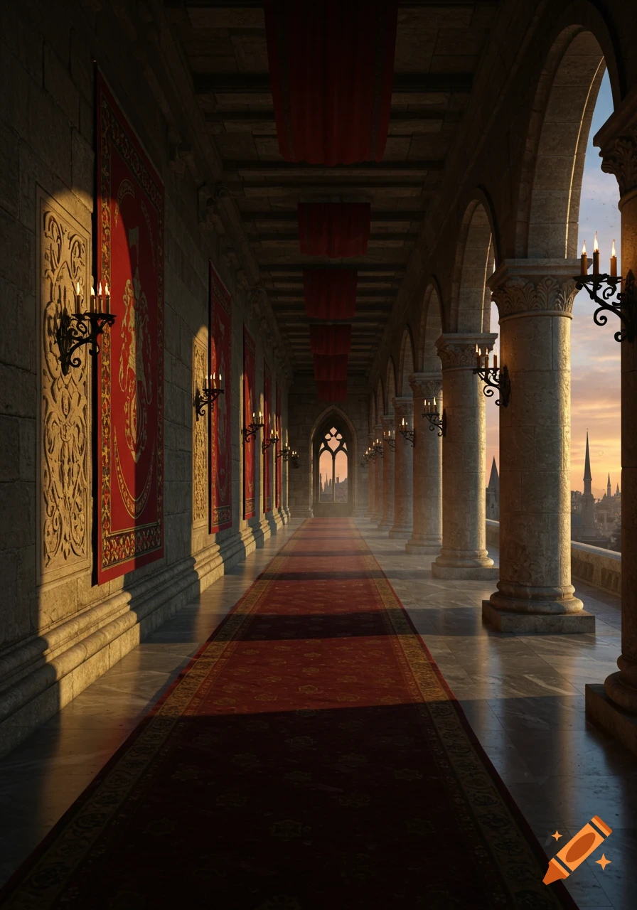 An opulent castle corridor with a red carpet, stone walls, archways, and candlelit sconces, bathed in golden light.