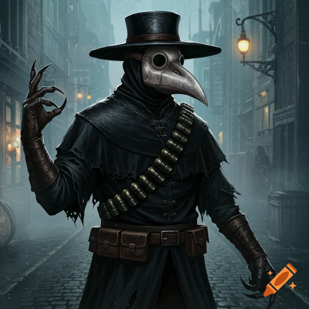 A cloaked plague doctor in a bird-like mask, wide-brimmed hat, and clawed gloves stands on a misty cobblestone street.