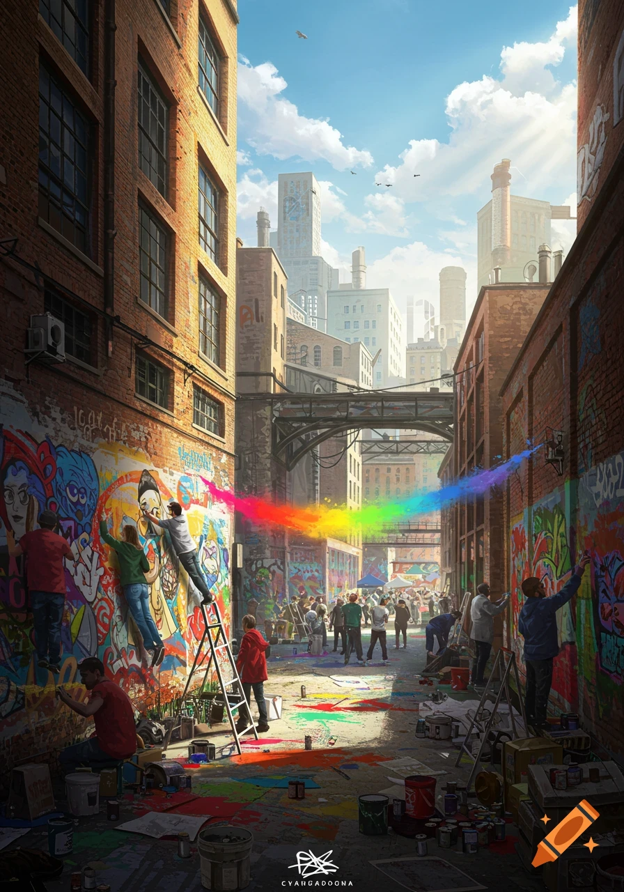 An urban alleyway transformed into a vibrant street art workshop, with people painting colorful graffiti on brick walls under a bright sky.