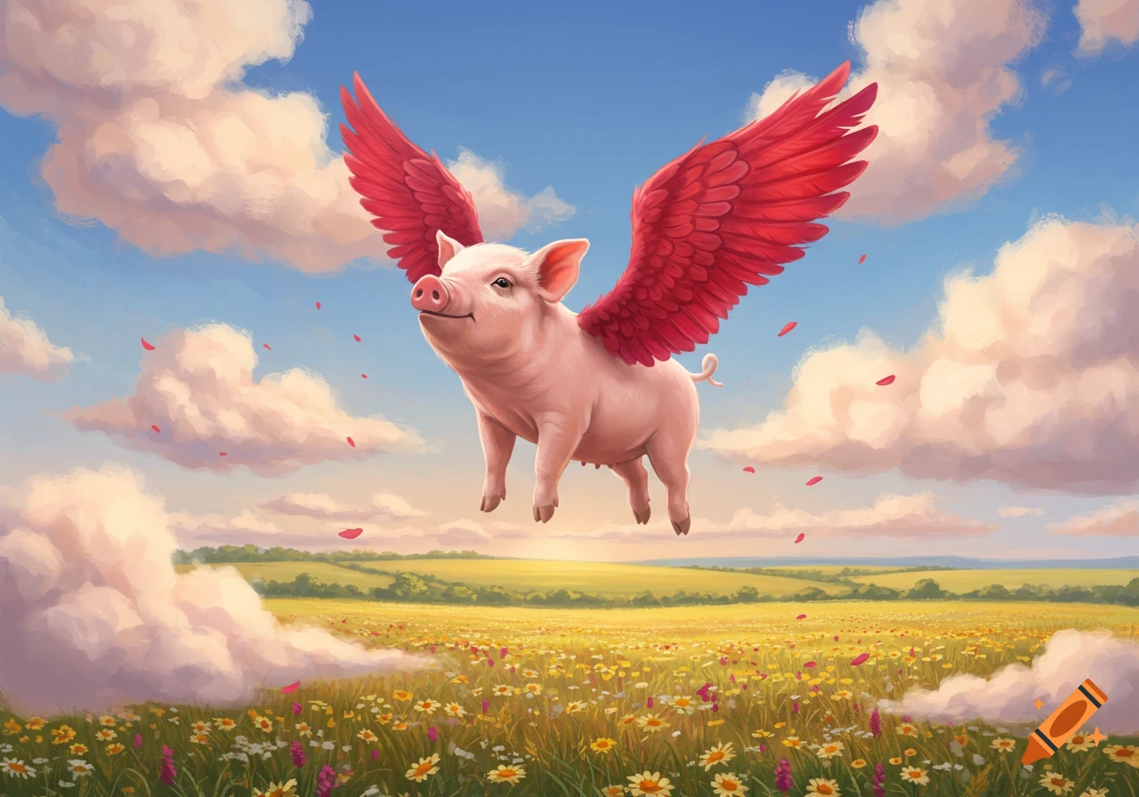 An illustration of a pink pig with bright red wings flying over a field of wildflowers under a blue sky with fluffy clouds.