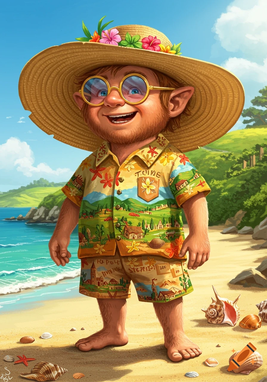 A cheerful, bearded hobbit-like character with pointy ears and round glasses wears a straw hat and a flowered Hawaiian shirt and shorts, standing barefoot on a sandy beach.