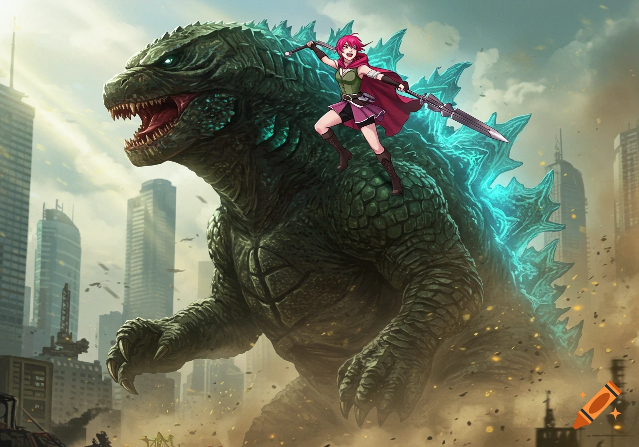 Anime character Nora Valkyrie rides atop a giant Godzilla-like monster in a destroyed city.