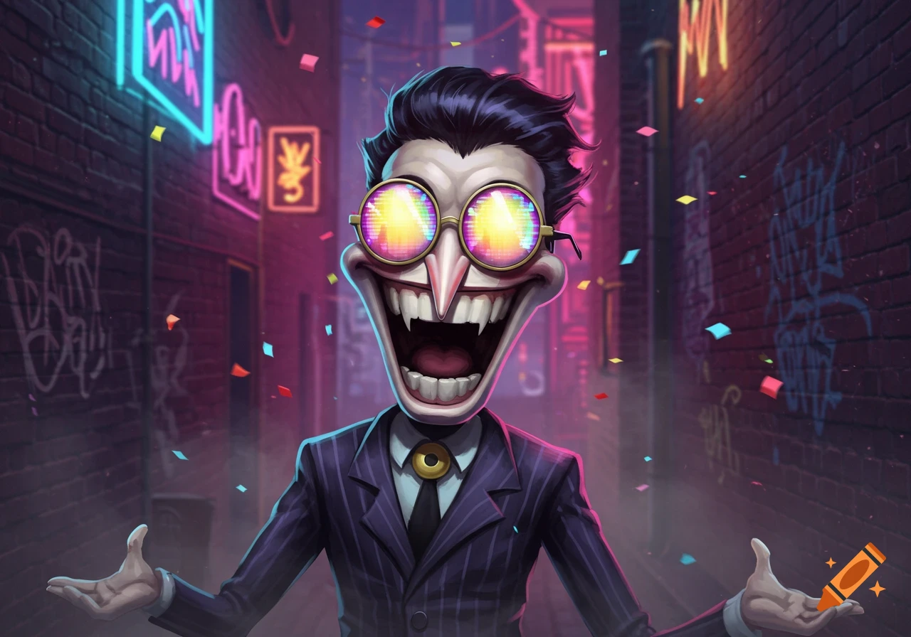 A cartoon character resembling Spamton, with a wide grin and rainbow glasses, in a neon-lit alley with falling confetti.