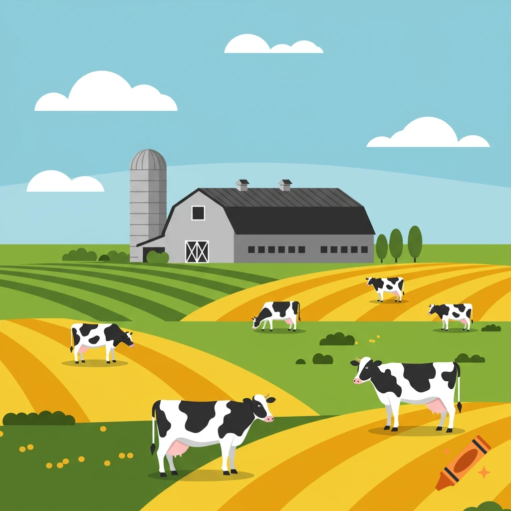 Cartoon illustration of a dairy farm with black and white cows grazing in green and yellow fields, a barn, and a silo.