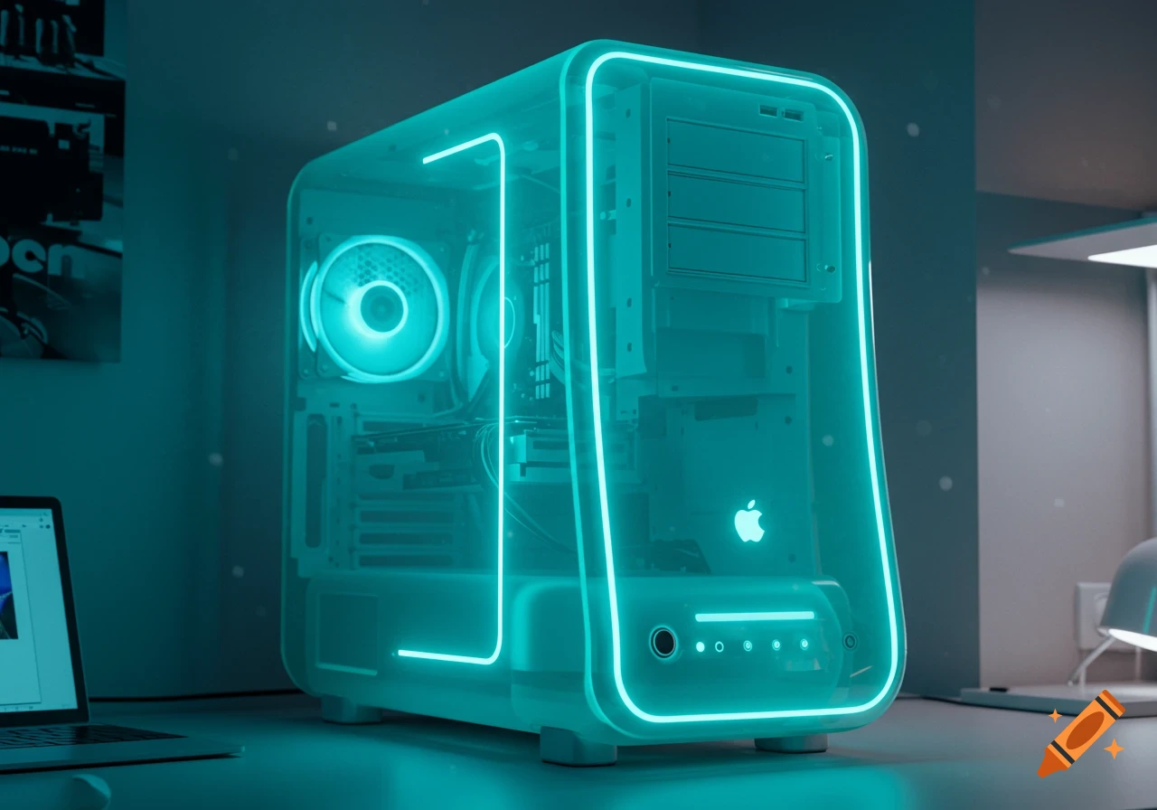 A glowing teal PC tower case, inspired by the iMac G3, with an Apple logo on the front, sits on a desk next to a laptop.