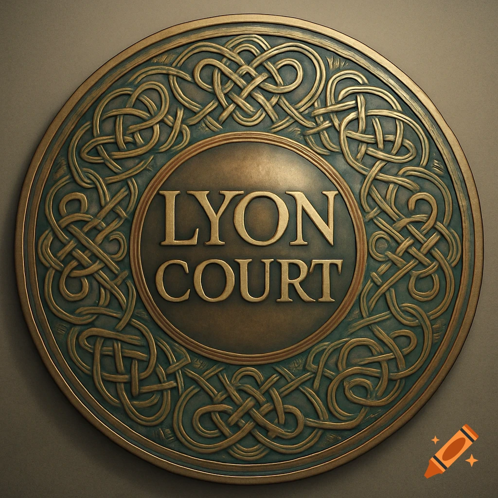 A round bronze and teal plaque with intricate Celtic knotwork, featuring the embossed text 'LYON COURT' in the center.