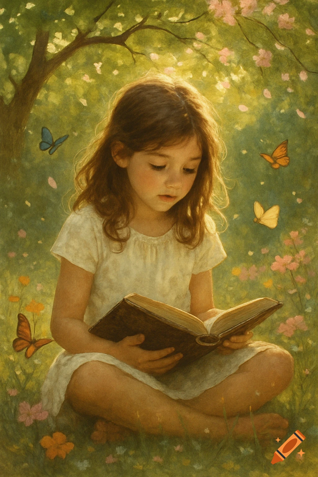 A young girl with long hair sits cross-legged in a sun-dappled grassy field, surrounded by butterflies and flowers, reading an open book under a tree.