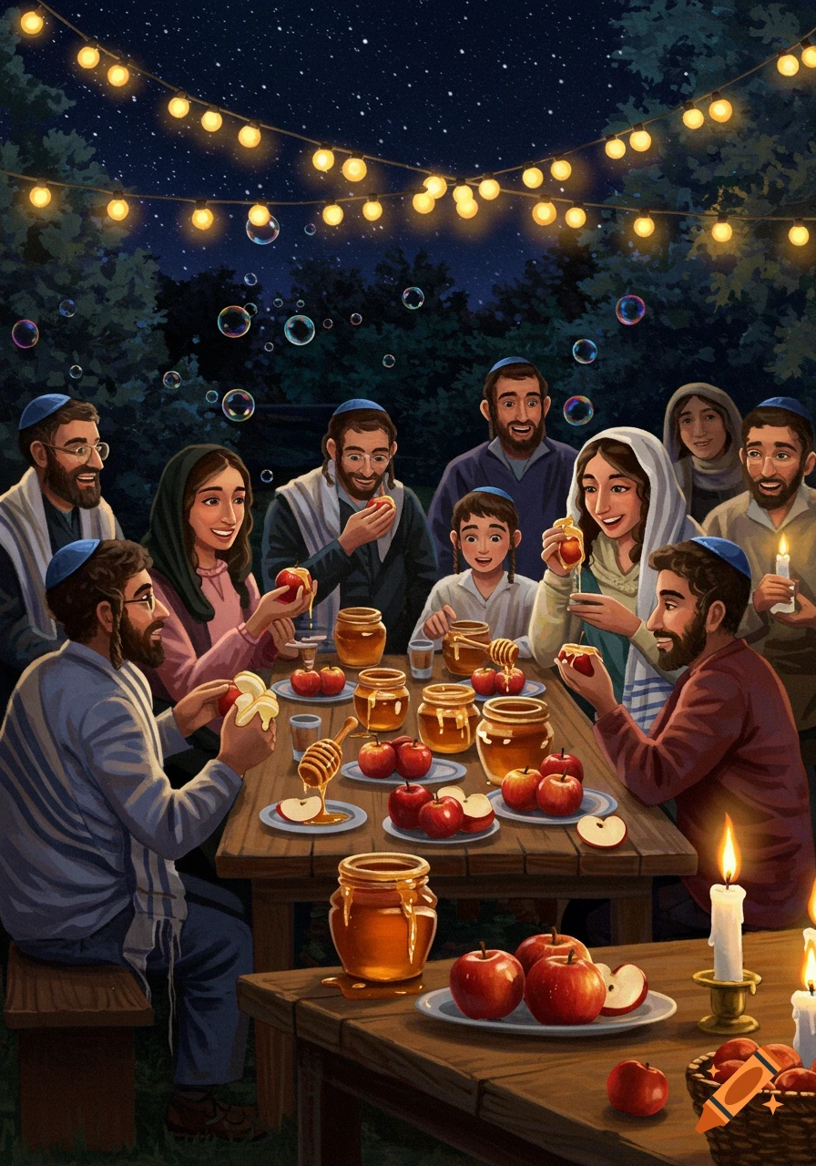 Illustrated scene of a Jewish family celebrating outdoors at night, eating apples and honey under string lights.