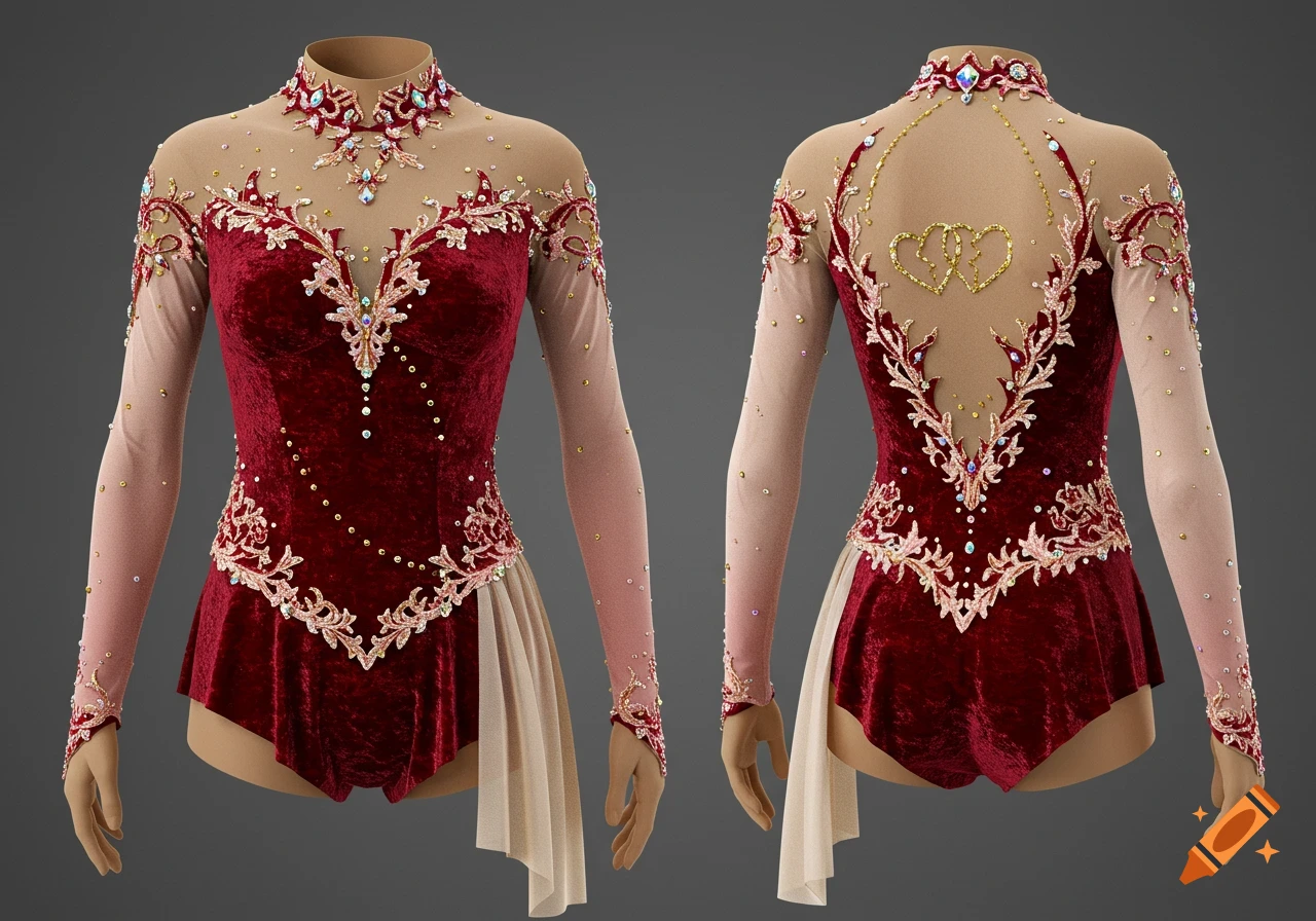 High-detail 3D render of a deep ruby velvet figure skating bodysuit with golden embroidery, sheer panels, crystals, and chiffon drapes, front and back view.