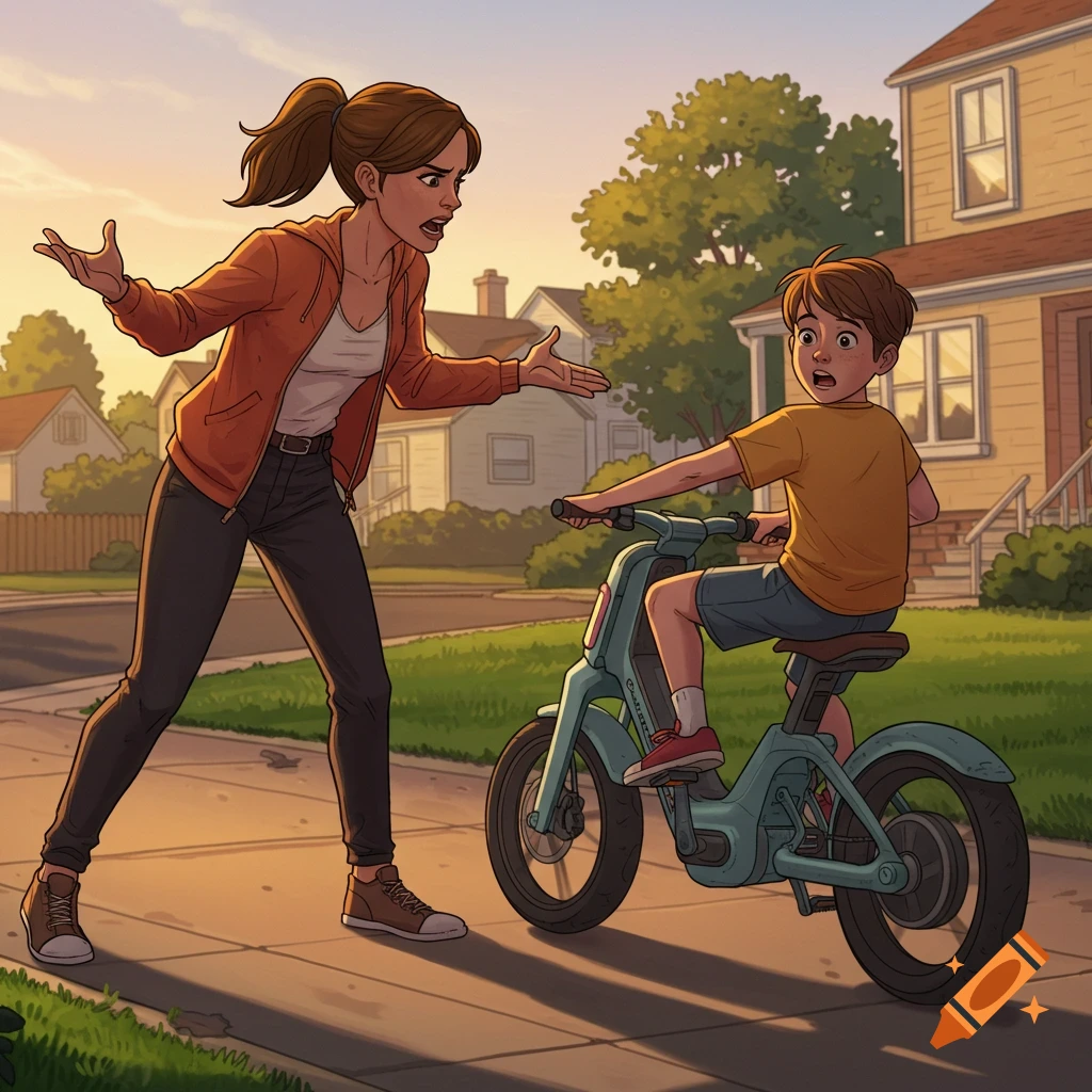 A woman yells at a boy on a blue e-bike on a suburban sidewalk, cartoon style.
