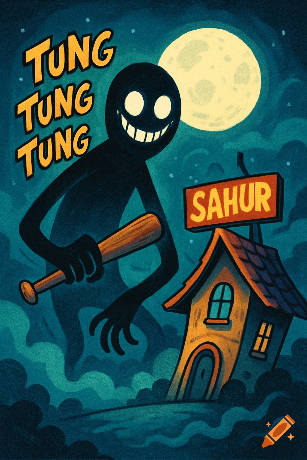 Creepy cartoon of a grinning shadow figure with a bat, looming over a house with a 'SAHUR' sign under a full moon, 'TUNG TUNG TUNG' text.