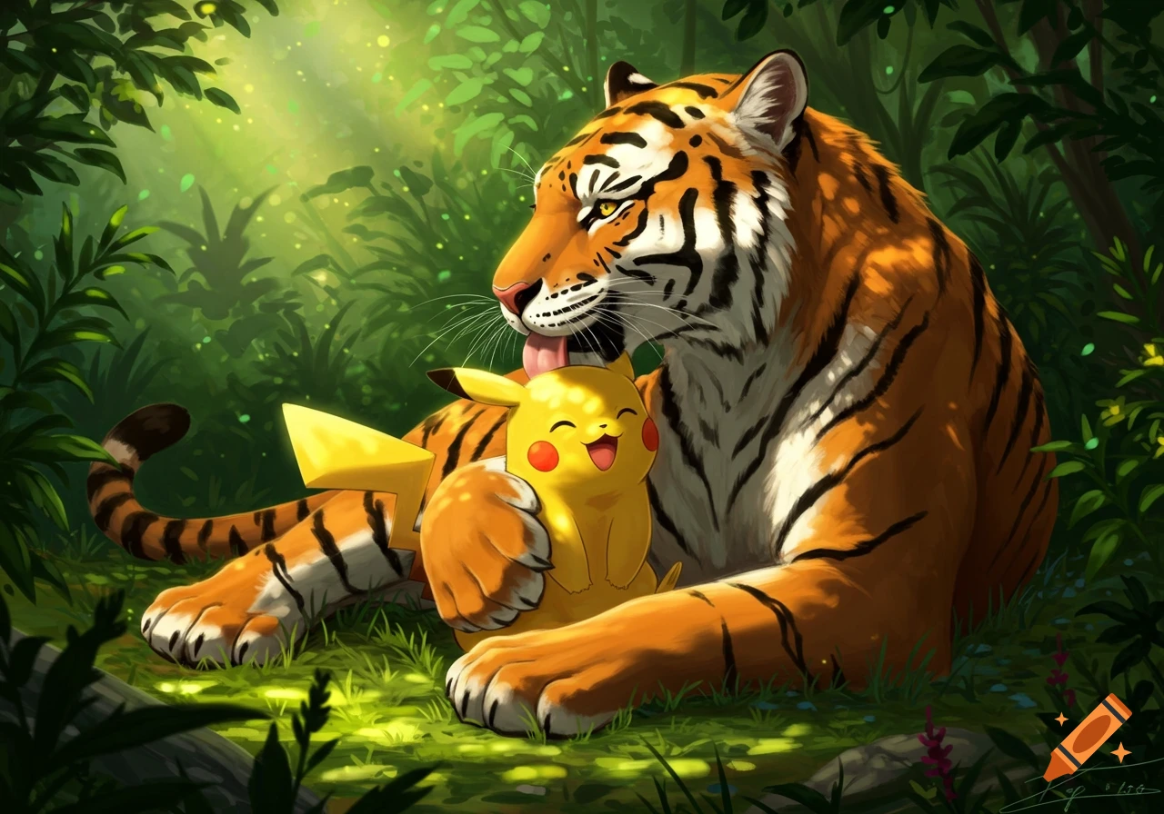 A large tiger lies in a lush jungle, gently licking a smiling Pikachu held in its paws, in a digital painting.