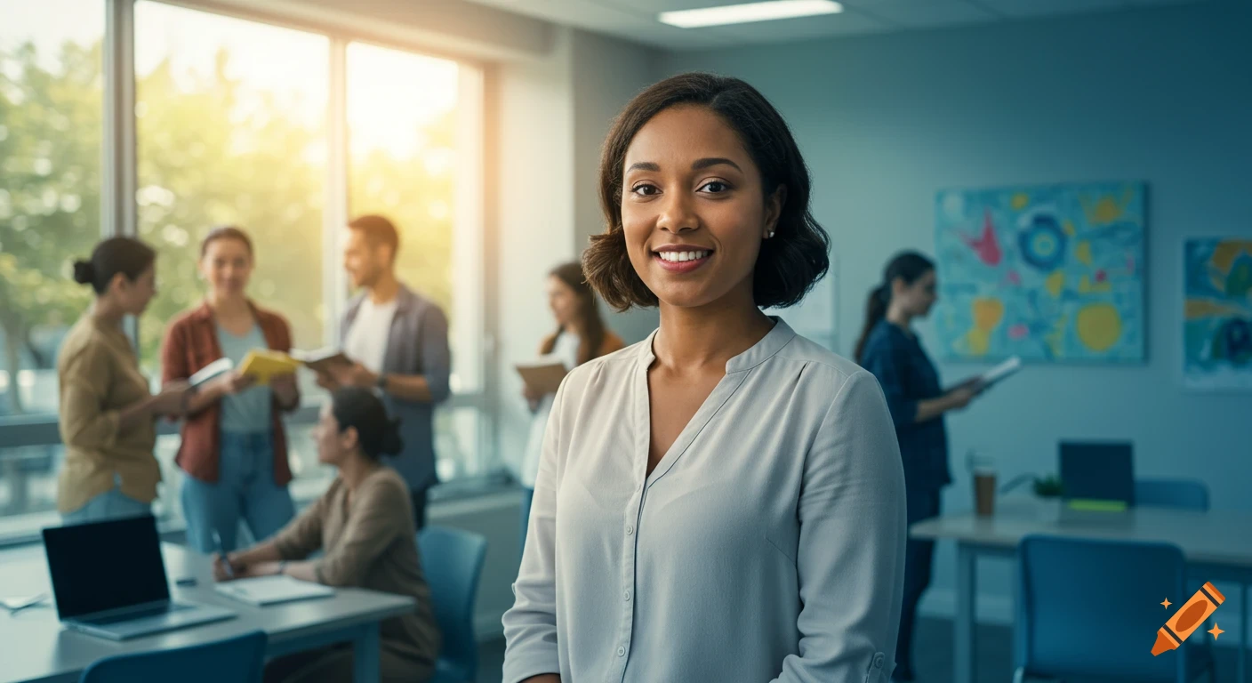 A smiling Black woman in a light shirt stands in a sunlit office with blurred colleagues in the background, a professional portrait.