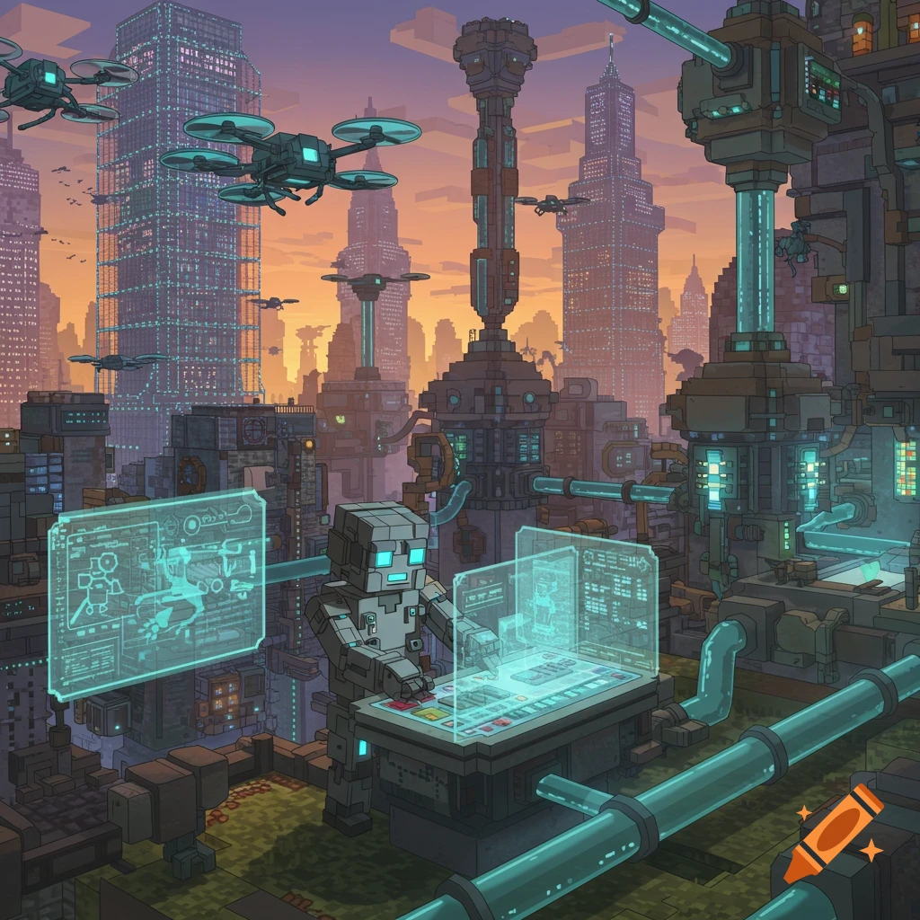 A robot operates a console with glowing holographic screens in a futuristic pixel art city with flying drones.