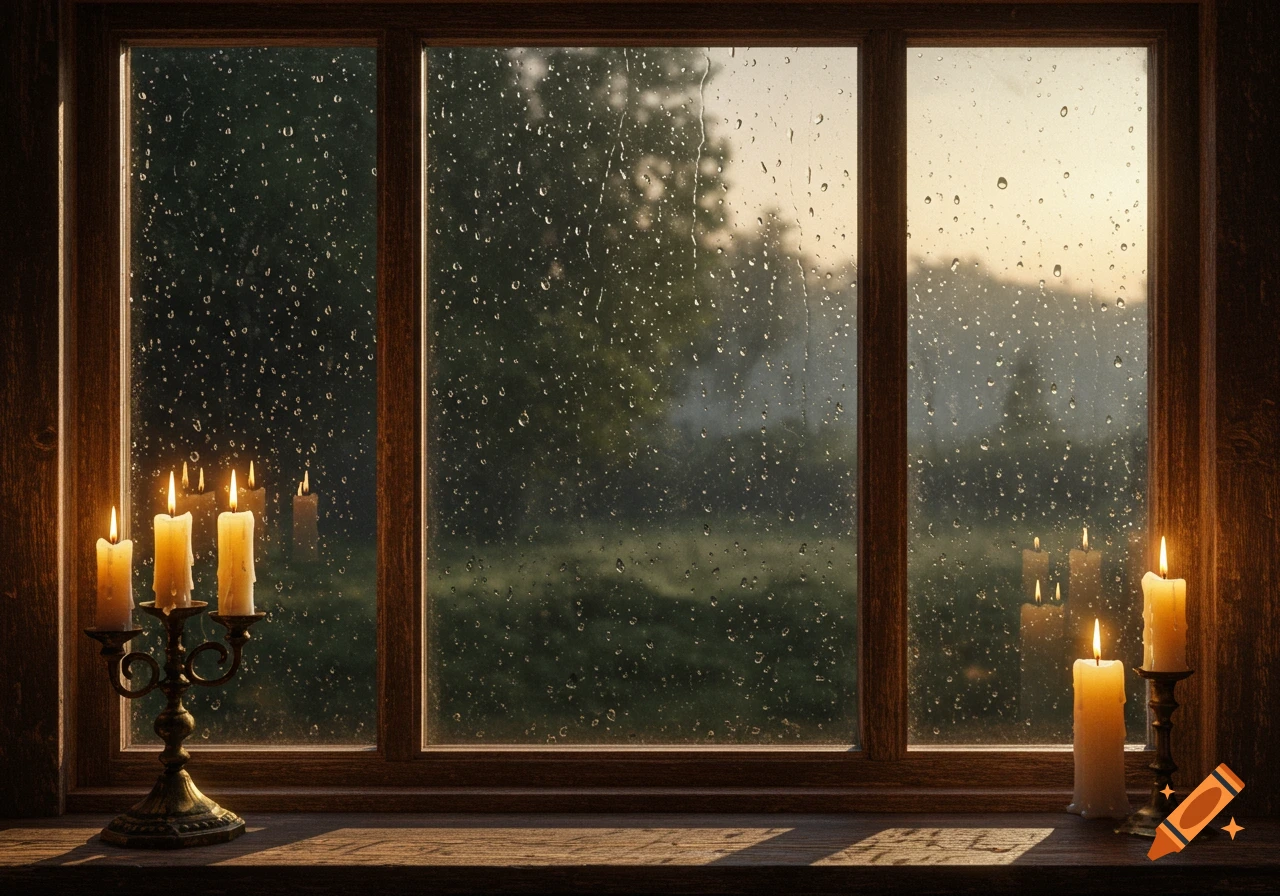 A cozy interior view of a rain-streaked wooden window looking out at a misty landscape, with lit candles reflecting on the glass.
